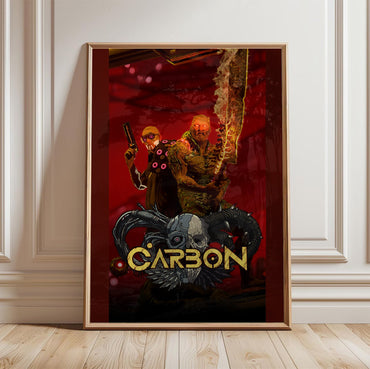 Carbon key art in a light oak frame leaning against a white wall