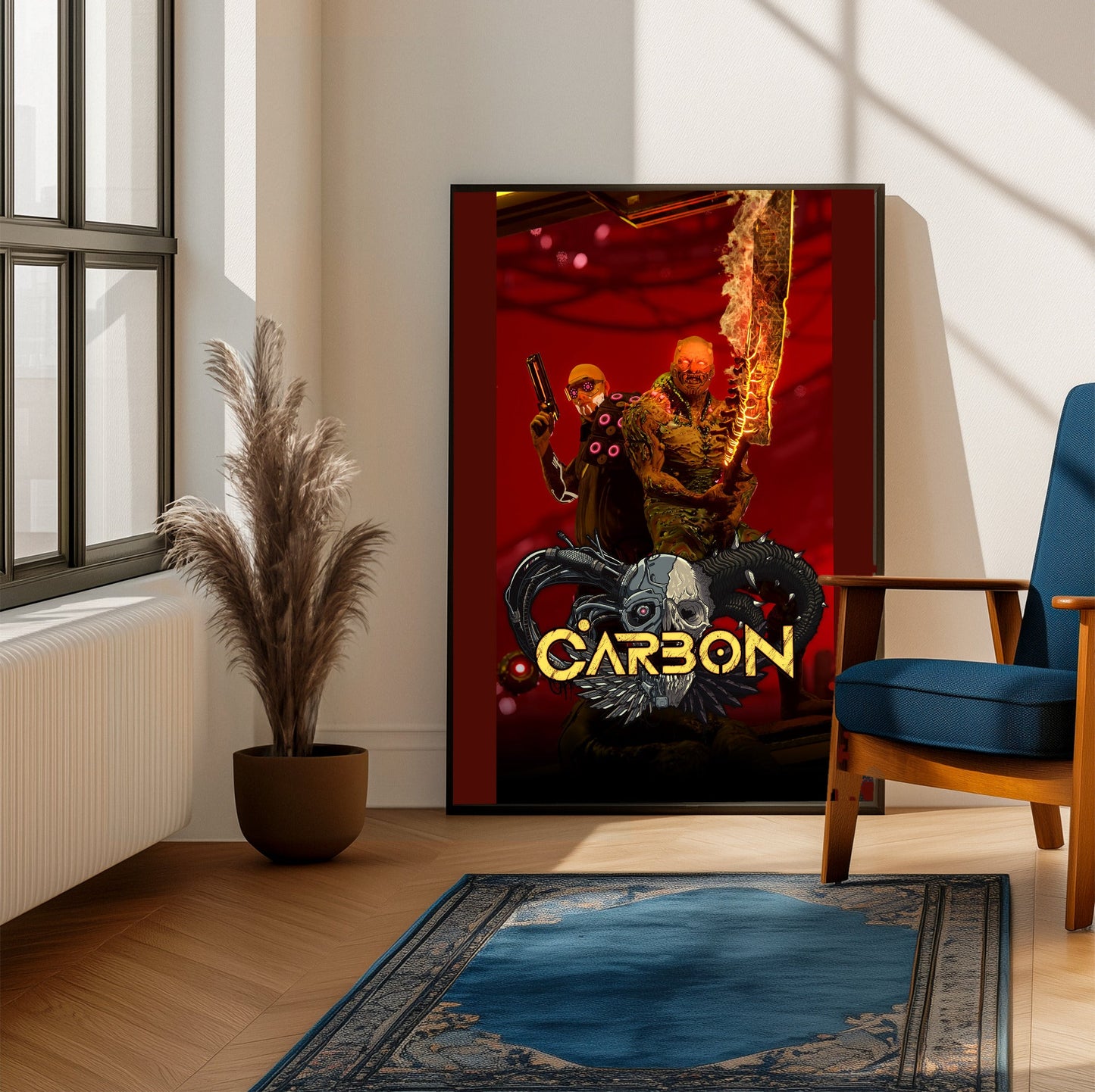 Carbon key art framed beside a blue armchair in a sunlit room