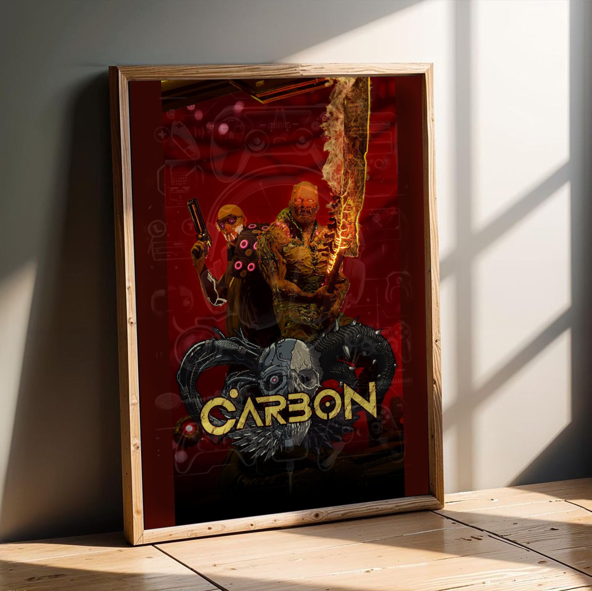 Carbon key art in an oak frame leaning on a wooden floor