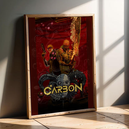 Carbon key art in an oak frame leaning on a wooden floor