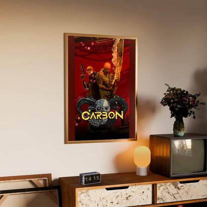 Carbon key art in an oak frame above a sideboard