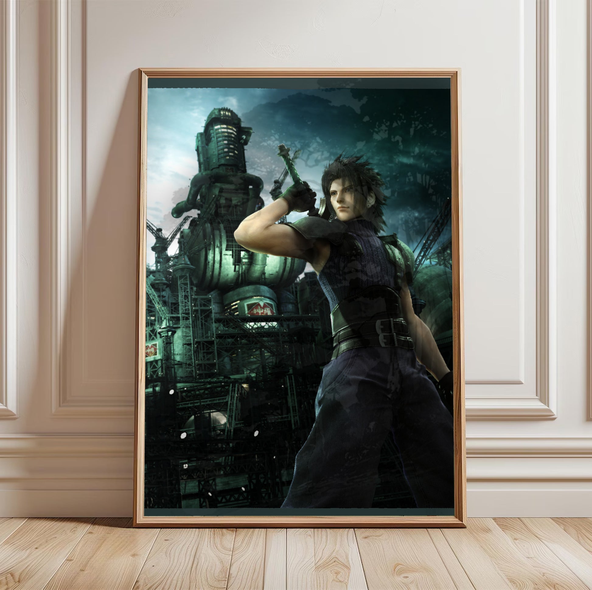 Crisis Core Zack Fair poster in a framed room setting