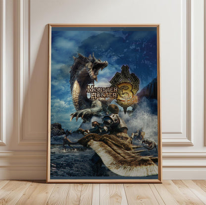 Monster Hunter Tri cover art with logo in a light oak frame leaning against a white wall