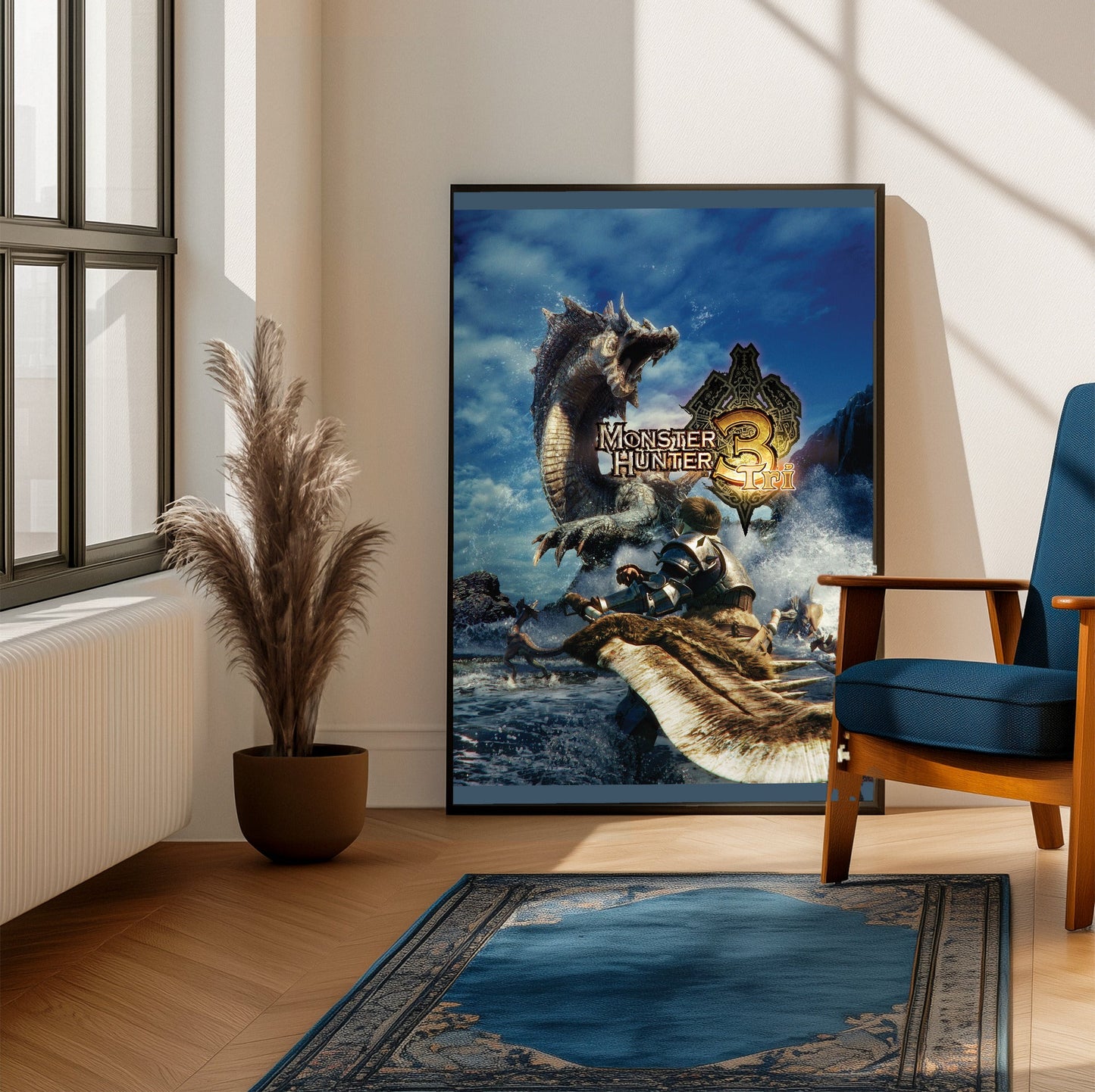Monster Hunter Tri cover art with logo framed beside a blue armchair in a sunlit room