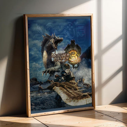 Monster Hunter Tri cover art with logo in an oak frame leaning on a wooden floor