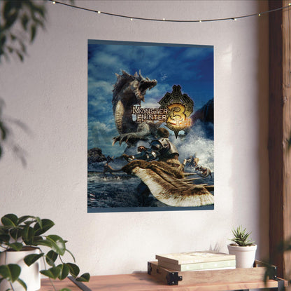 Monster Hunter Tri cover art with logo unframed on a white wall above a desk