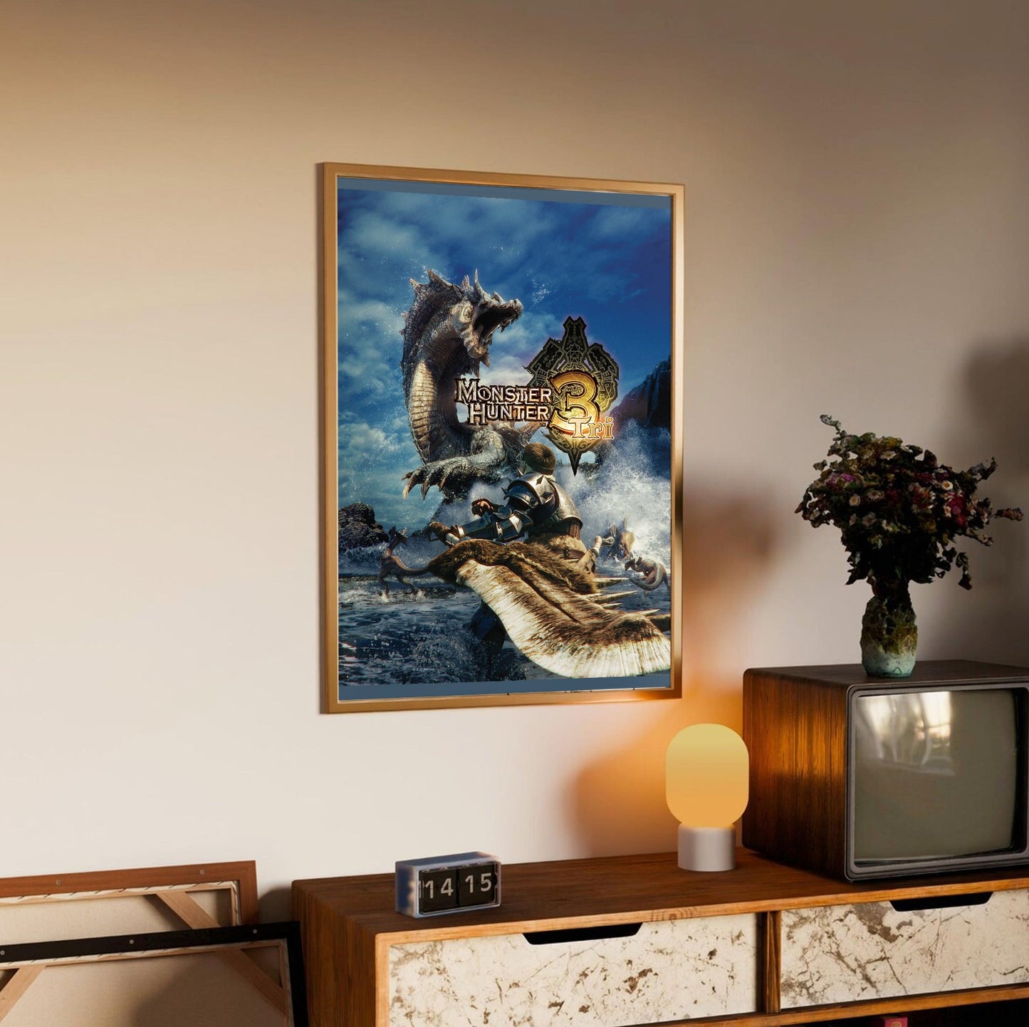 Monster Hunter Tri cover art with logo in an oak frame above a sideboard