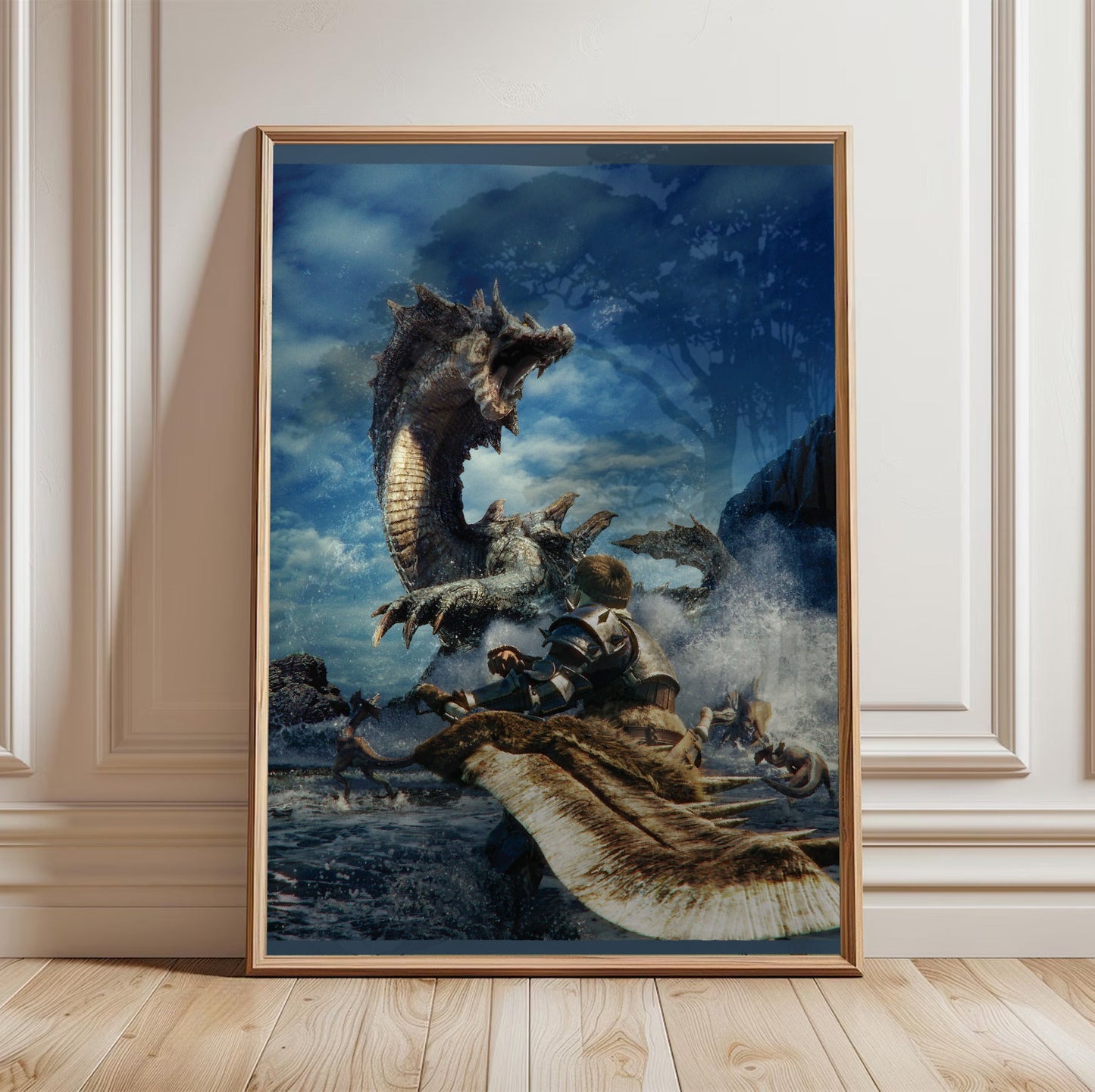 Monster Hunter Tri cover art in a light oak frame leaning against a white wall