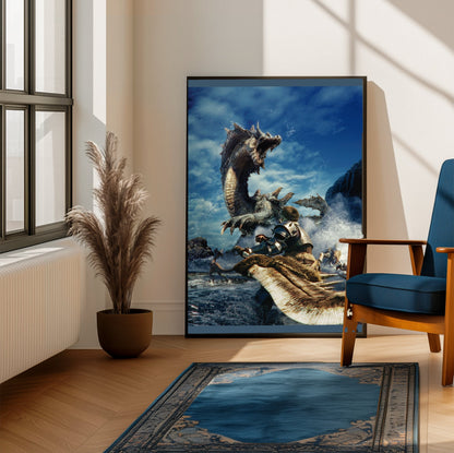 Monster Hunter Tri cover art framed beside a blue armchair in a sunlit room