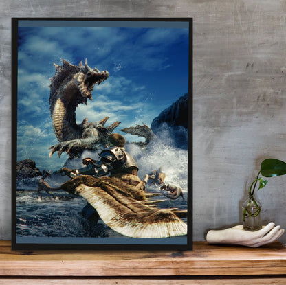 Monster Hunter Tri cover art in a black frame on a wooden shelf against concrete