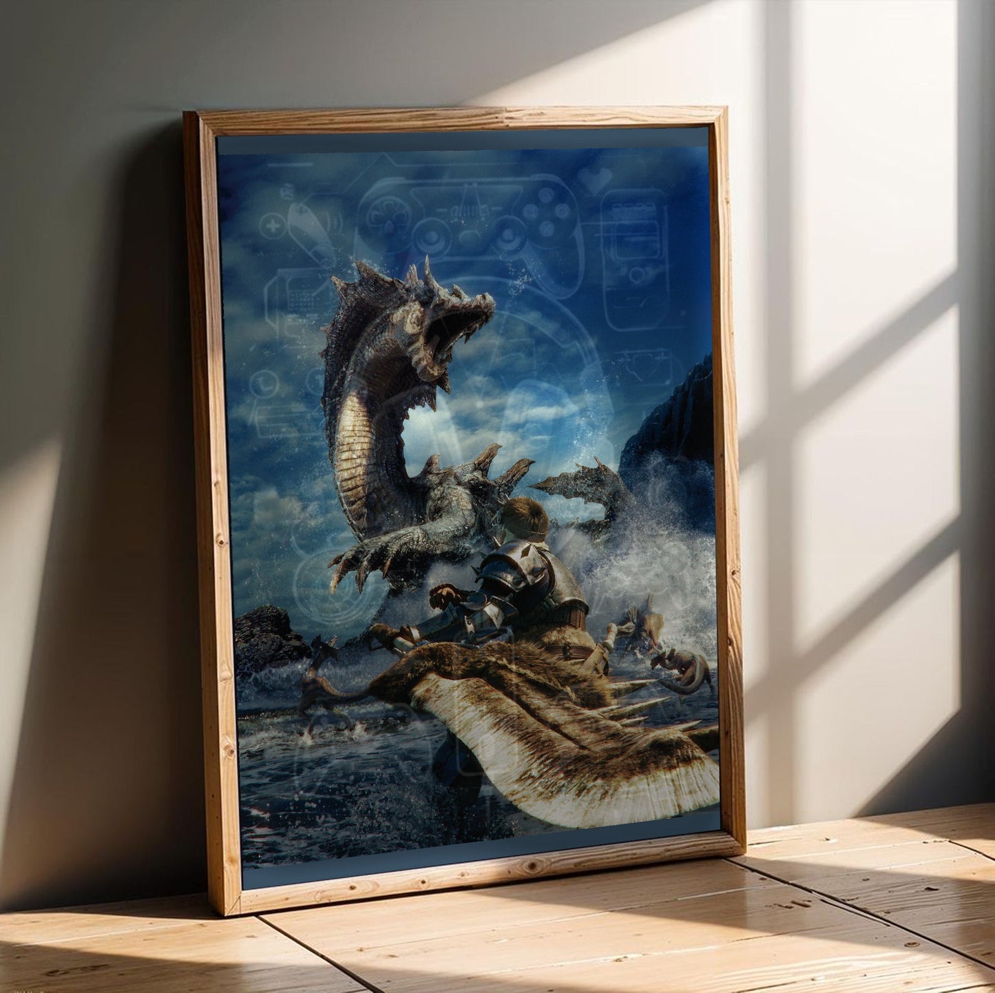 Monster Hunter Tri cover art in an oak frame leaning on a wooden floor