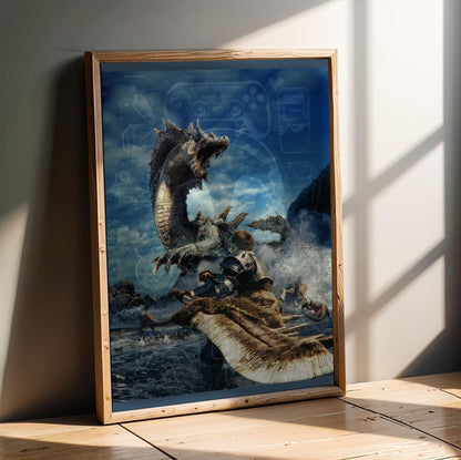Monster Hunter Tri cover art in an oak frame leaning on a wooden floor