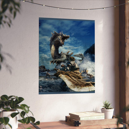 Monster Hunter Tri cover art unframed on a white wall above a desk