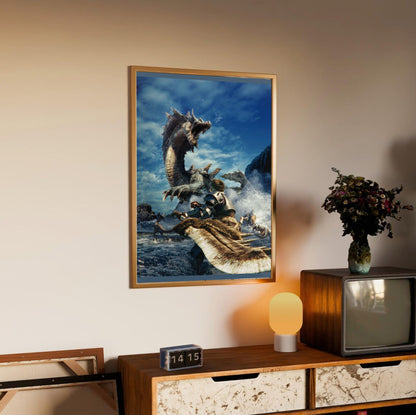 Monster Hunter Tri cover art in an oak frame above a sideboard