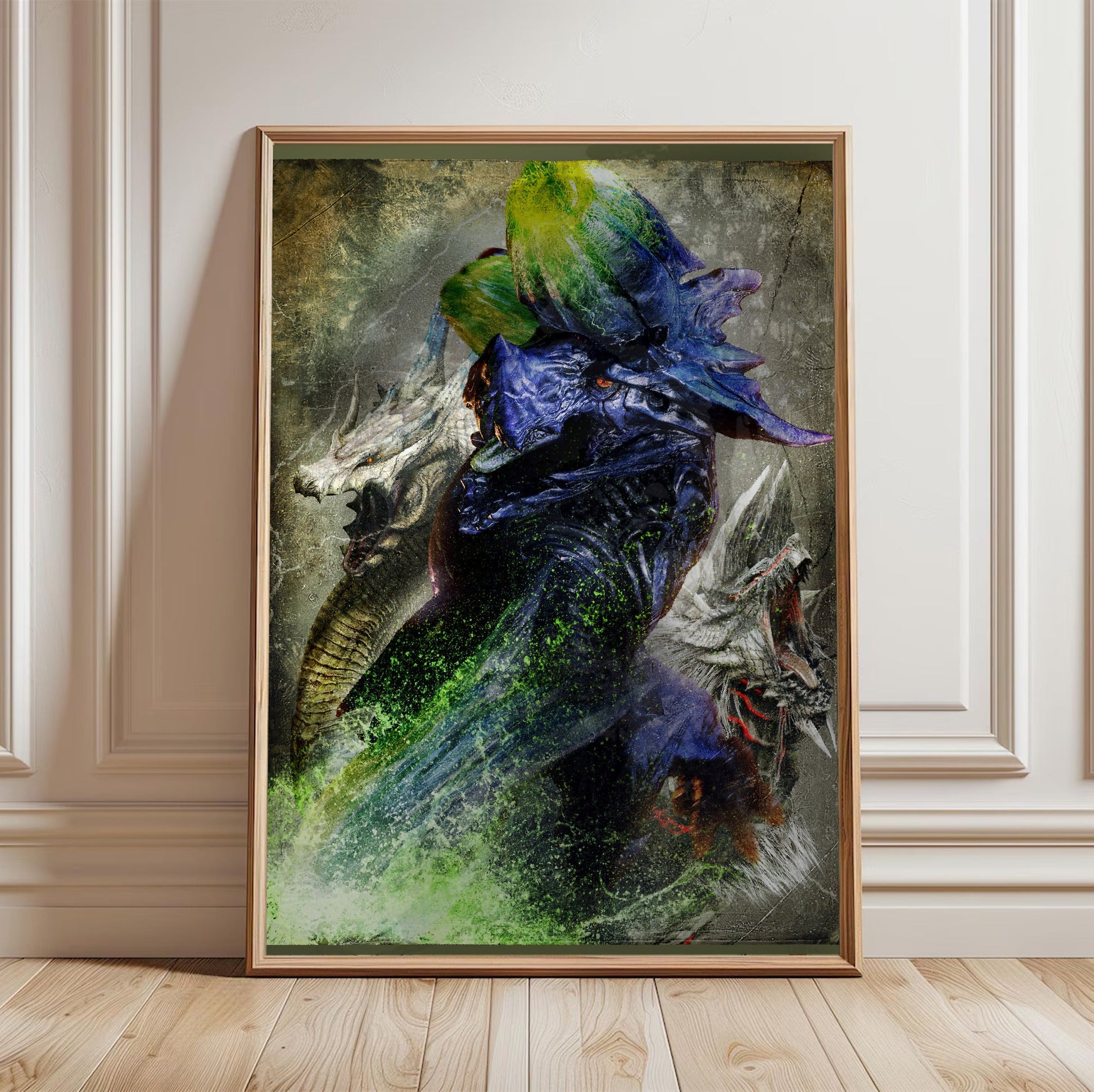 Monster Hunter 3 Ultimate key art in a light oak frame leaning against a white wall
