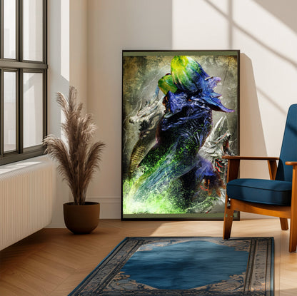 Monster Hunter 3 Ultimate key art framed beside a blue armchair in a sunlit room