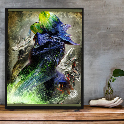 Monster Hunter 3 Ultimate key art in a black frame on a wooden shelf against concrete