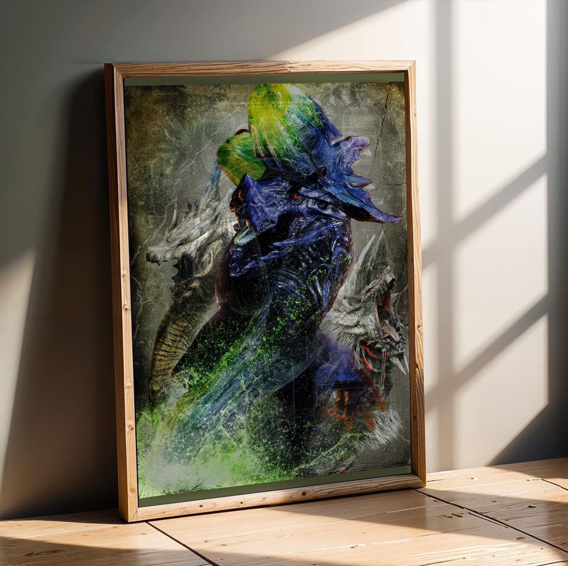 Monster Hunter 3 Ultimate key art in an oak frame leaning on a wooden floor