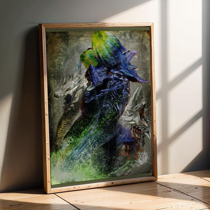 Monster Hunter 3 Ultimate key art in an oak frame leaning on a wooden floor