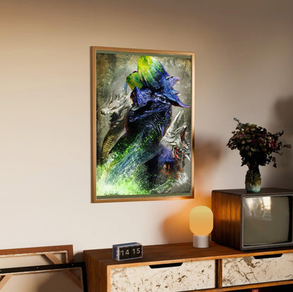 Monster Hunter 3 Ultimate key art in an oak frame above a sideboard