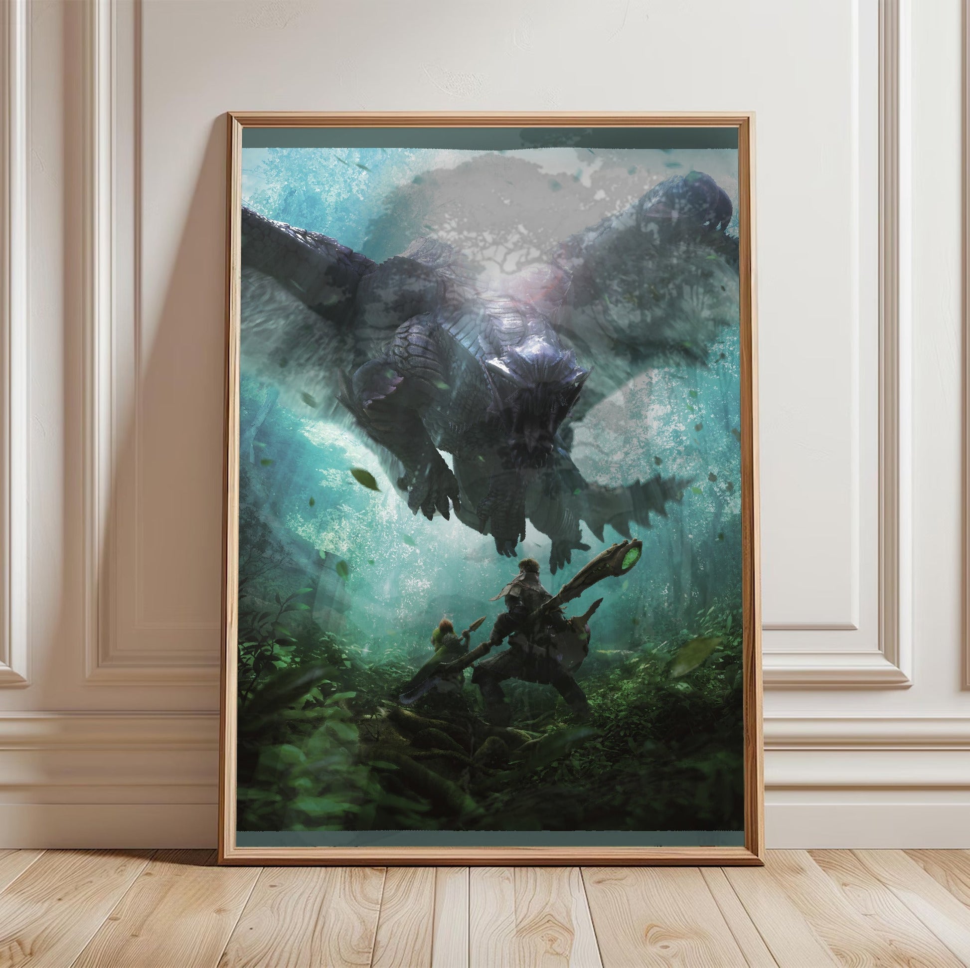 Monster Hunter 4 Ultimate hunter and Felyne vs Gore Magala in a light oak frame leaning against a white wall