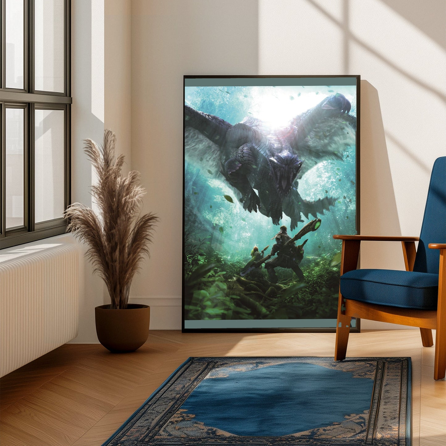 Monster Hunter 4 Ultimate hunter and Felyne vs Gore Magala framed beside a blue armchair in a sunlit room