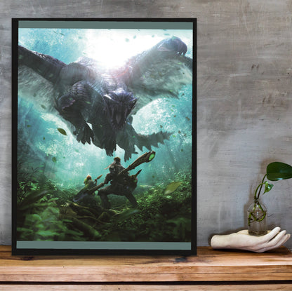 Monster Hunter 4 Ultimate hunter and Felyne vs Gore Magala in a black frame on a wooden shelf against concrete