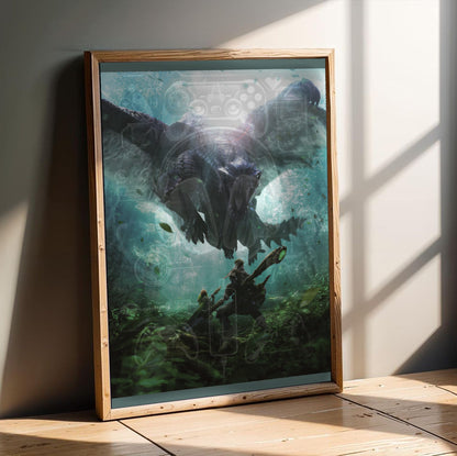 Monster Hunter 4 Ultimate hunter and Felyne vs Gore Magala in an oak frame leaning on a wooden floor