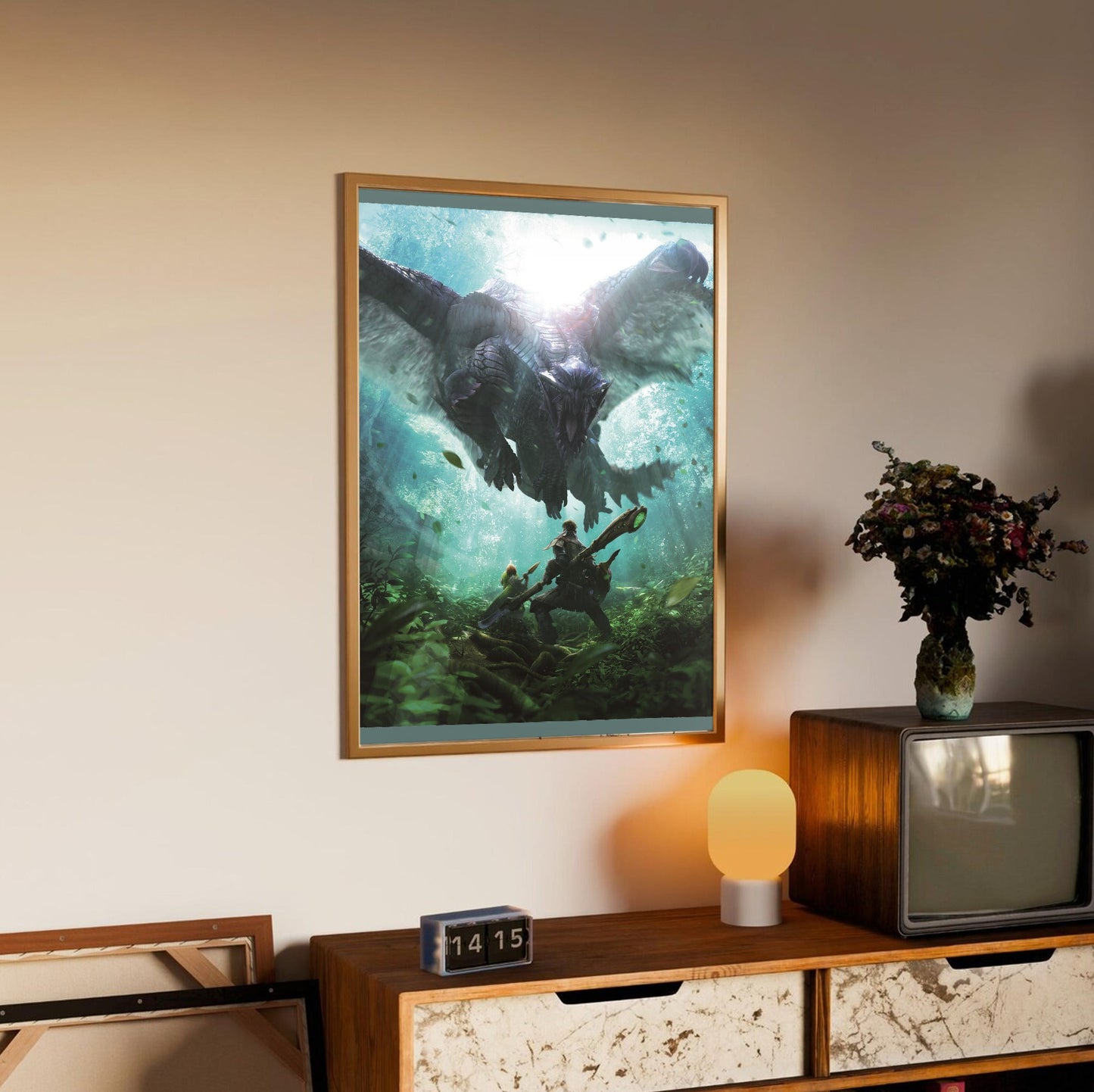Monster Hunter 4 Ultimate hunter and Felyne vs Gore Magala in an oak frame above a sideboard