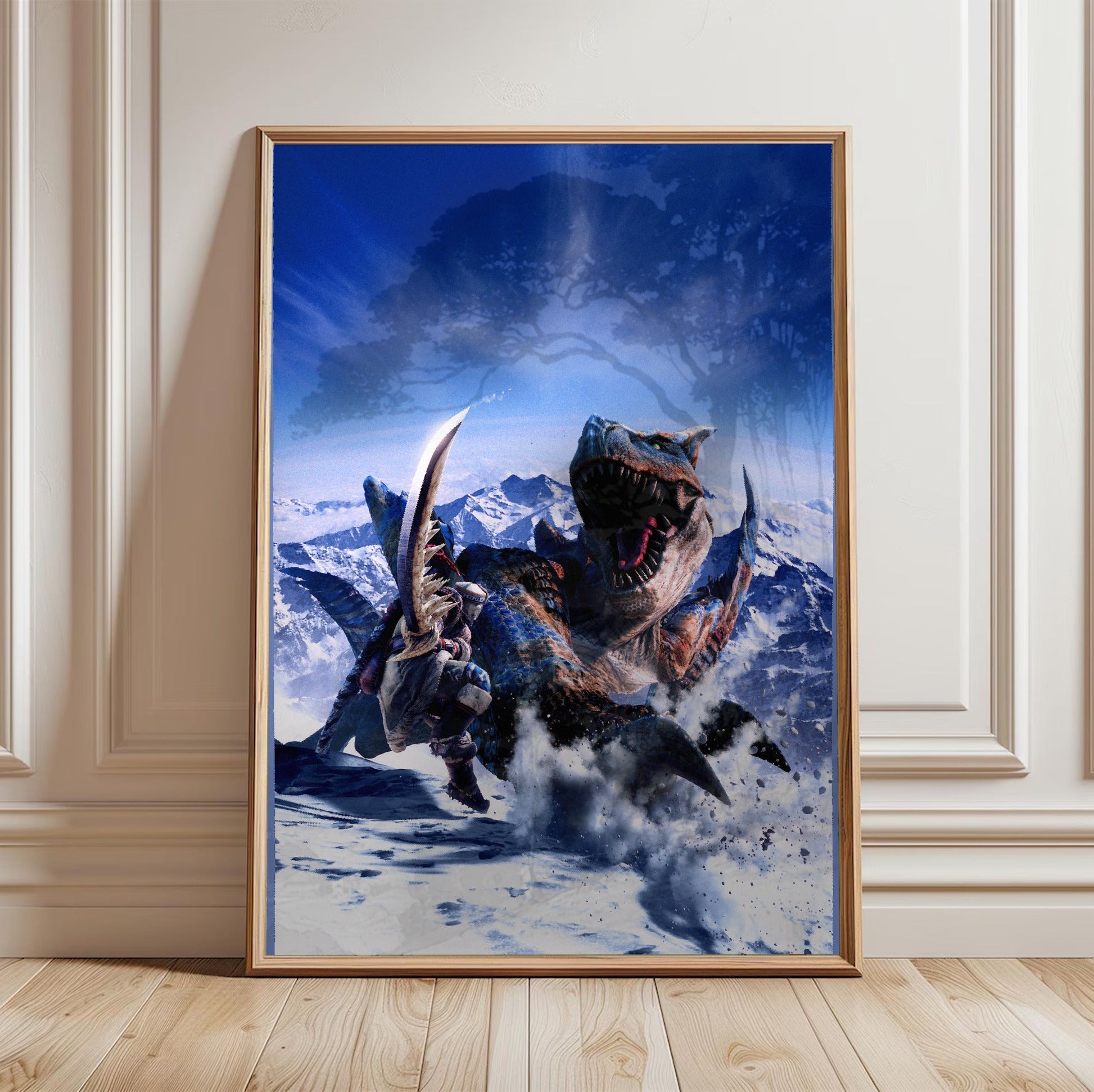 Monster Hunter Freedom 2 main art in a light oak frame leaning against a white wall