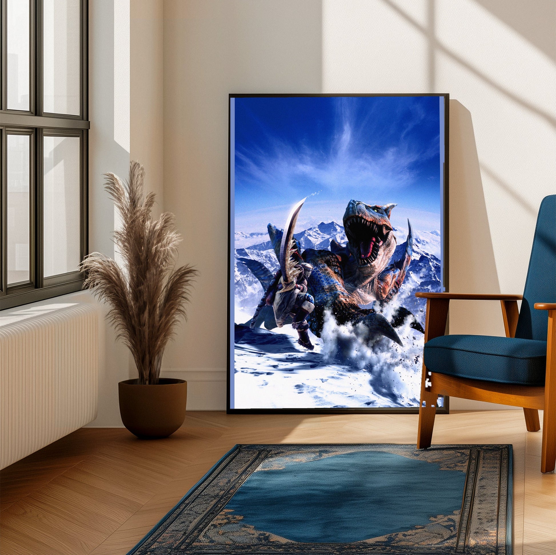 Monster Hunter Freedom 2 main art framed beside a blue armchair in a sunlit room