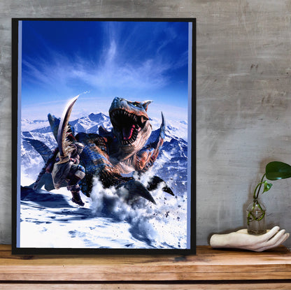 Monster Hunter Freedom 2 main art in a black frame on a wooden shelf against concrete