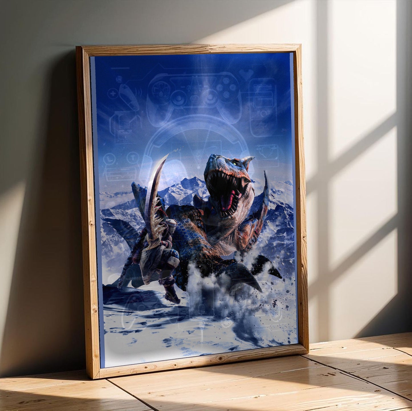 Monster Hunter Freedom 2 main art in an oak frame leaning on a wooden floor