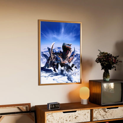 Monster Hunter Freedom 2 main art in an oak frame above a sideboard