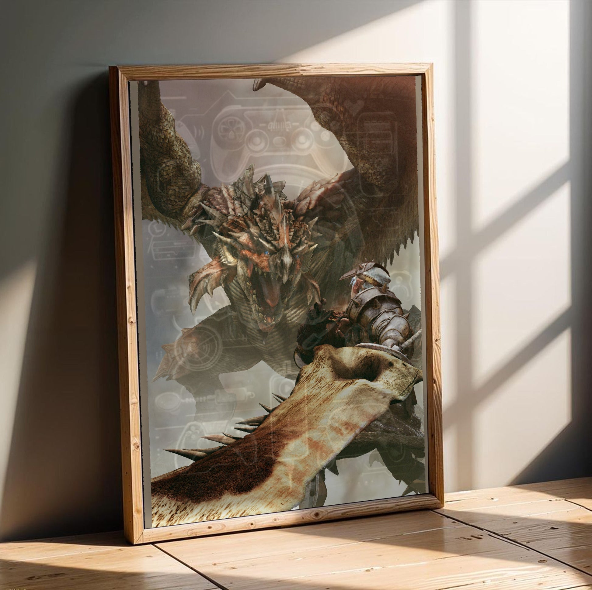 Monster Hunter Freedom cover art in an oak frame leaning on a wooden floor