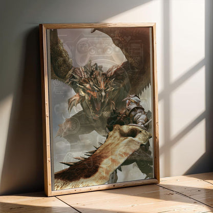 Monster Hunter Freedom cover art in an oak frame leaning on a wooden floor