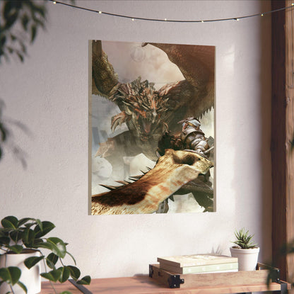 Monster Hunter Freedom cover art unframed on a white wall above a desk