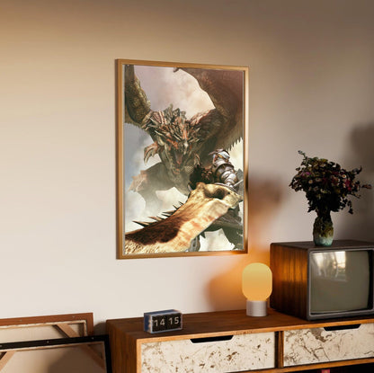 Monster Hunter Freedom cover art in an oak frame above a sideboard