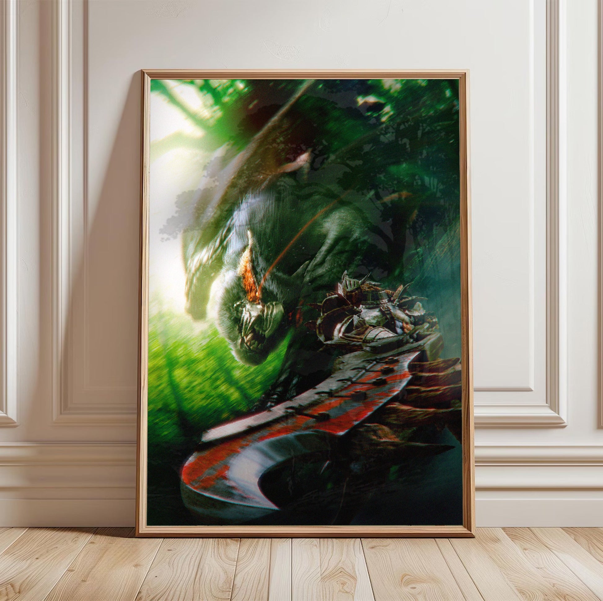 Monster Hunter Freedom Unite key art in a light oak frame leaning against a white wall