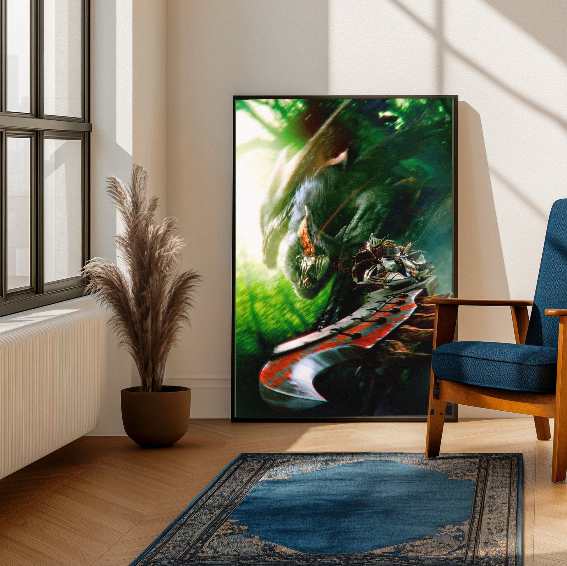 Monster Hunter Freedom Unite key art framed beside a blue armchair in a sunlit room