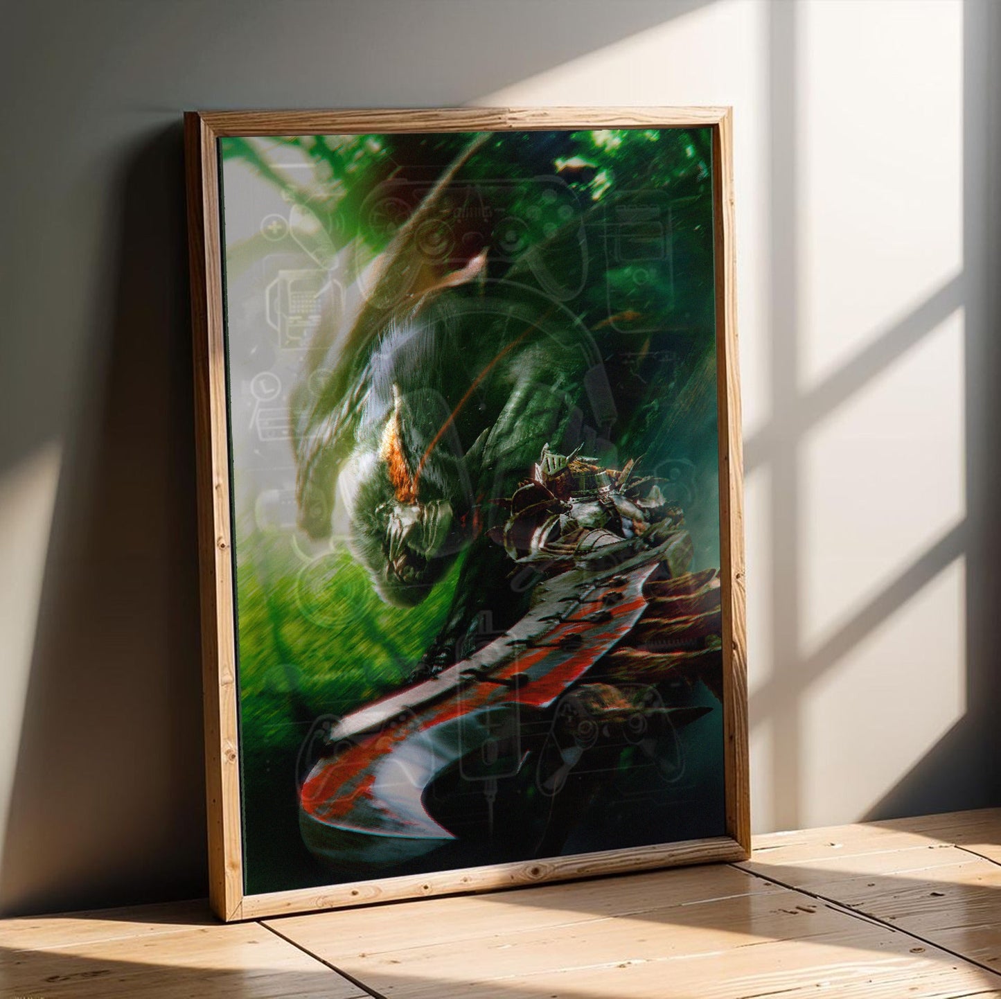 Monster Hunter Freedom Unite key art in an oak frame leaning on a wooden floor