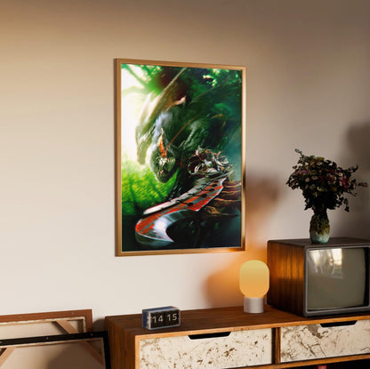 Monster Hunter Freedom Unite key art in an oak frame above a sideboard