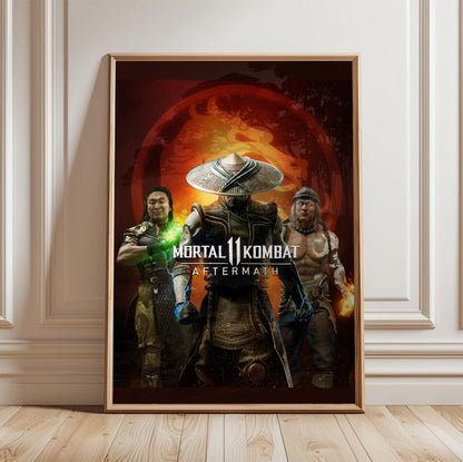 Mortal Kombat 11 Aftermath key art in a light oak frame leaning against a white wall