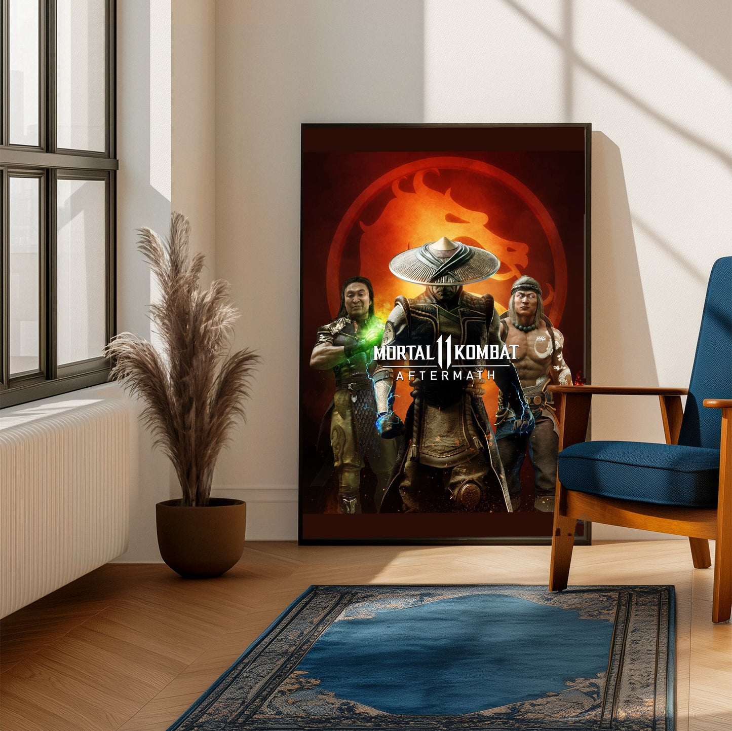 Mortal Kombat 11 Aftermath key art framed beside a blue armchair in a sunlit room