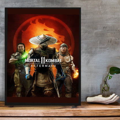 Mortal Kombat 11 Aftermath key art in a black frame on a wooden shelf against concrete