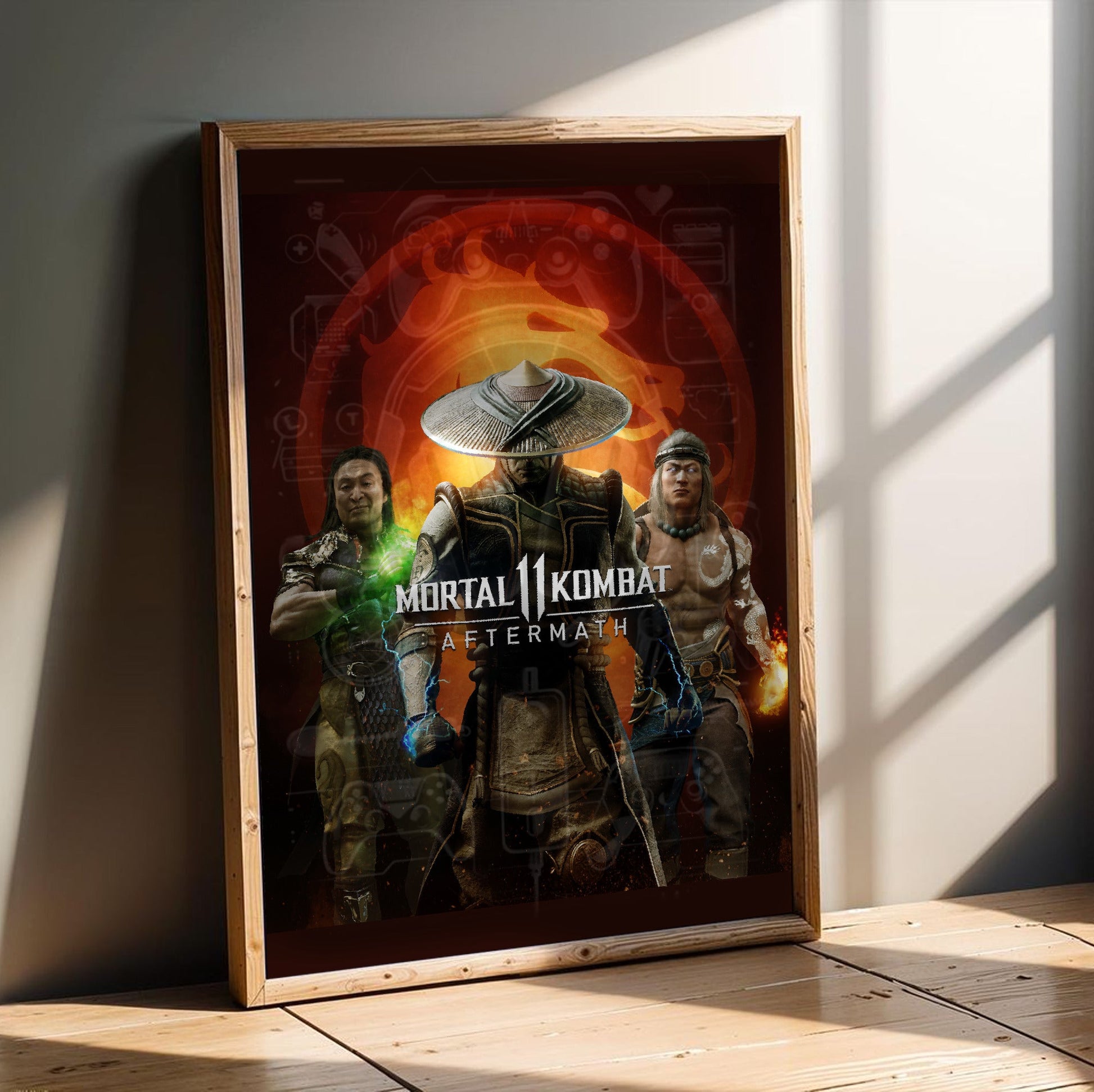 Mortal Kombat 11 Aftermath key art in an oak frame leaning on a wooden floor