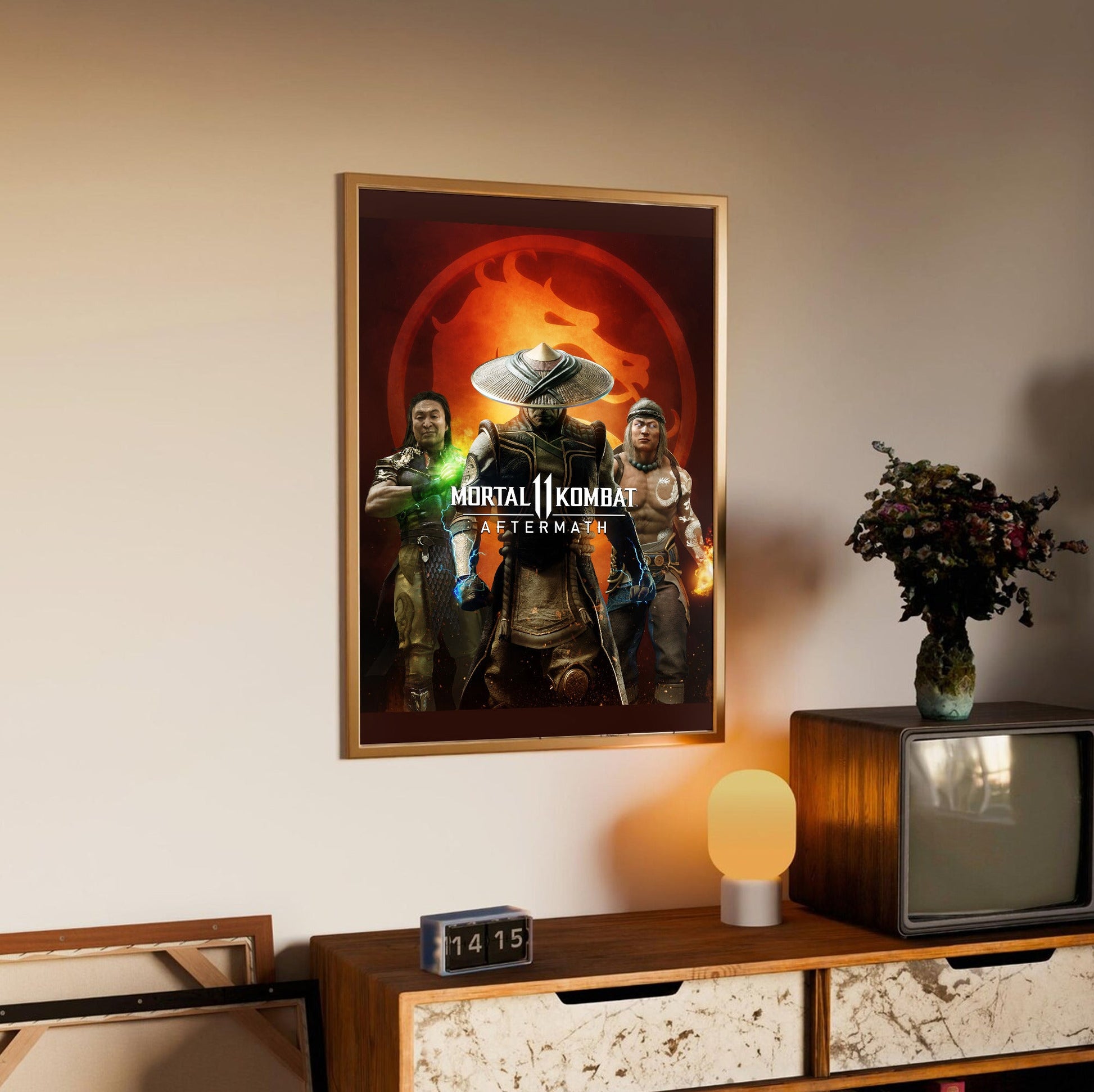 Mortal Kombat 11 Aftermath key art in an oak frame above a sideboard