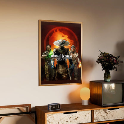 Mortal Kombat 11 Aftermath key art in an oak frame above a sideboard