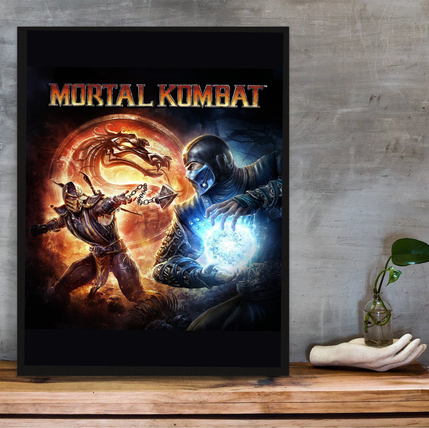 Mortal Kombat 9 cover art with logo in a black frame on a wooden shelf against concrete