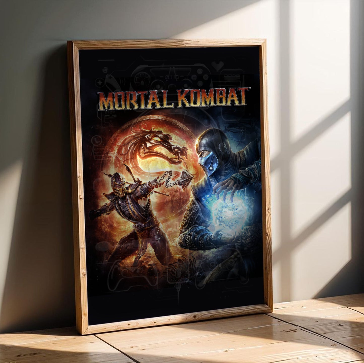 Mortal Kombat 9 cover art with logo in an oak frame leaning on a wooden floor